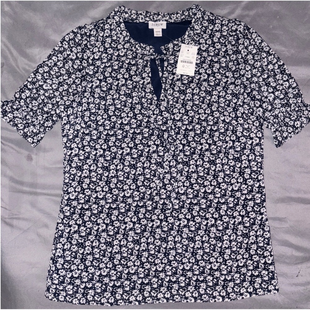 NEW J.Crew Mainline Navy Floral‎ Tie-Neck Blouse XXS $89.50